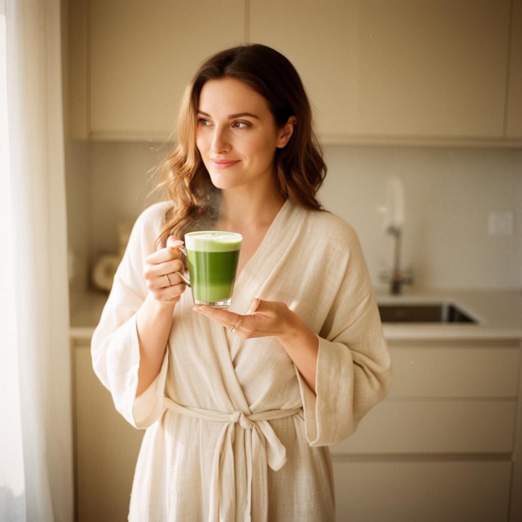 Eva in a linen robe with a morning matcha