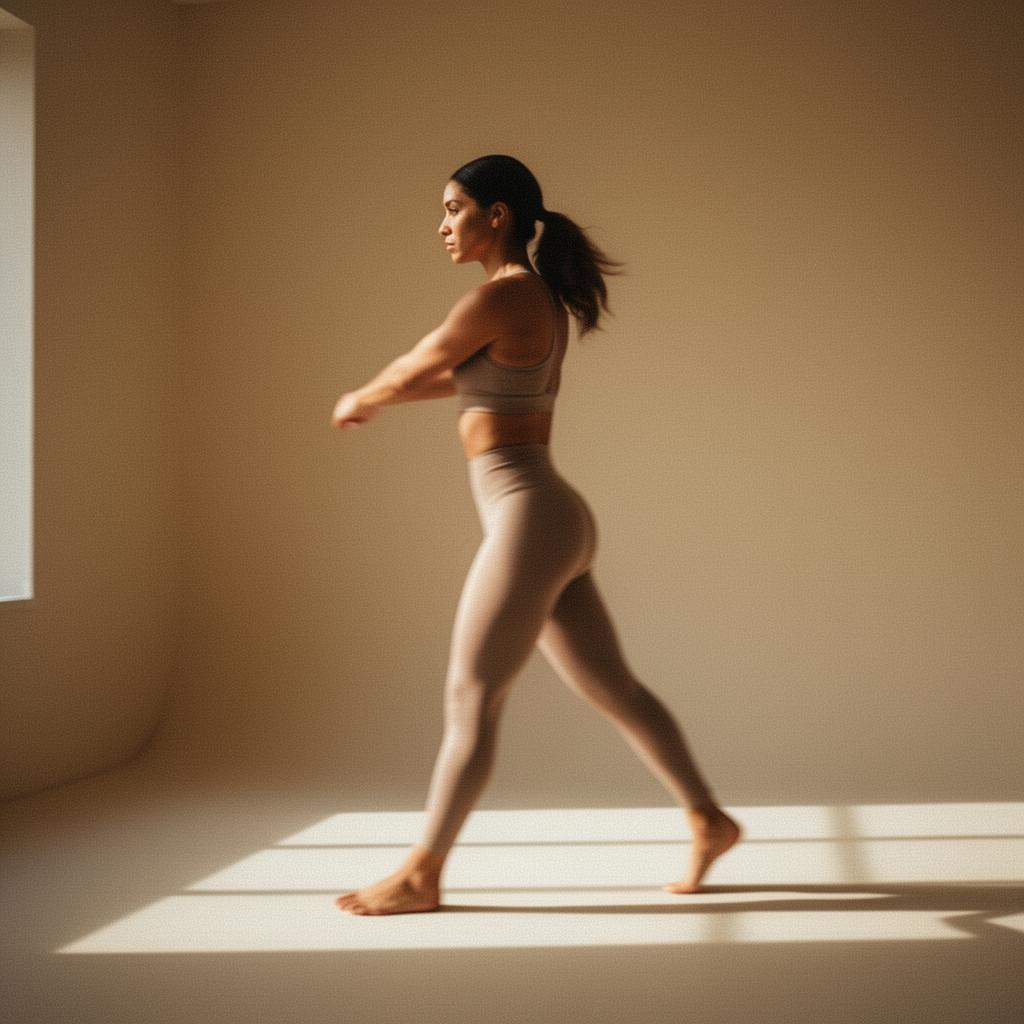 Eva mid-stretch in a warm-lit studio